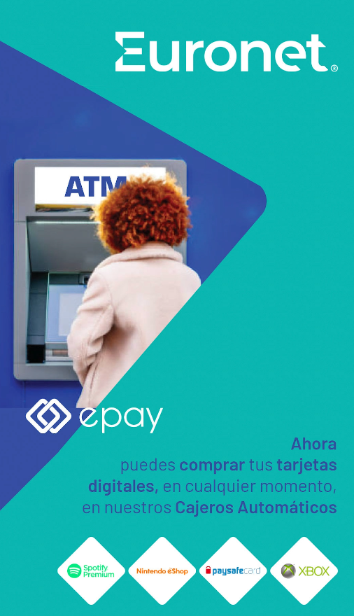 publicidad de epay en las pantallas de los cajeros ATM de Euronet